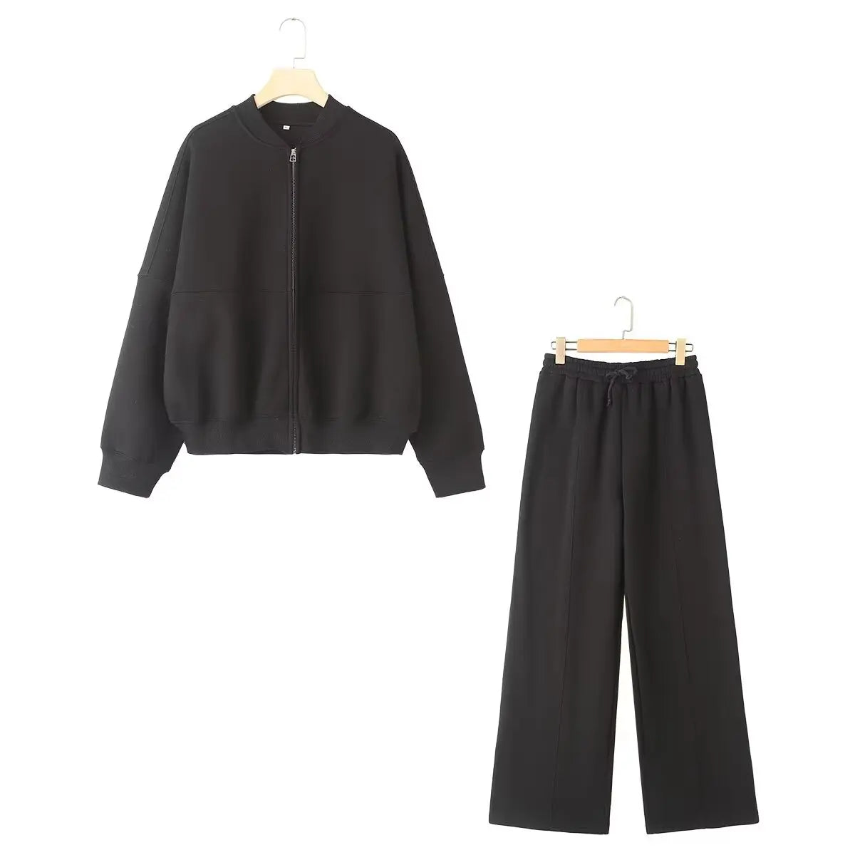 Conjunto de 2 piezas para mujer,sudadera tipo chaqueta bomber retro de color liso con cremallera y pantalones de pierna ancha de tiro alto con cordones.