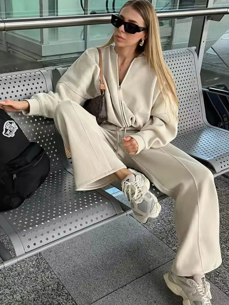 Conjunto de 2 piezas para mujer,sudadera tipo chaqueta bomber retro de color liso con cremallera y pantalones de pierna ancha de tiro alto con cordones.