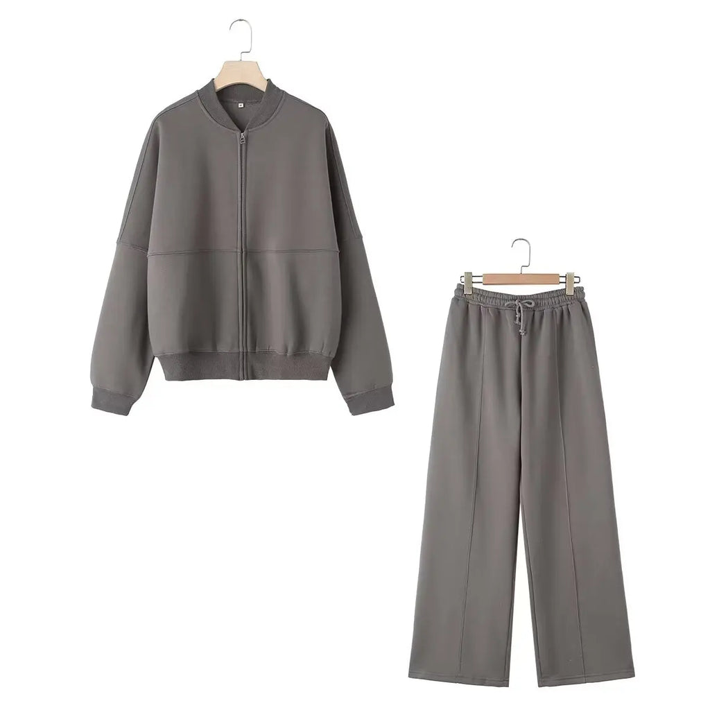 Conjunto de 2 piezas para mujer,sudadera tipo chaqueta bomber retro de color liso con cremallera y pantalones de pierna ancha de tiro alto con cordones.