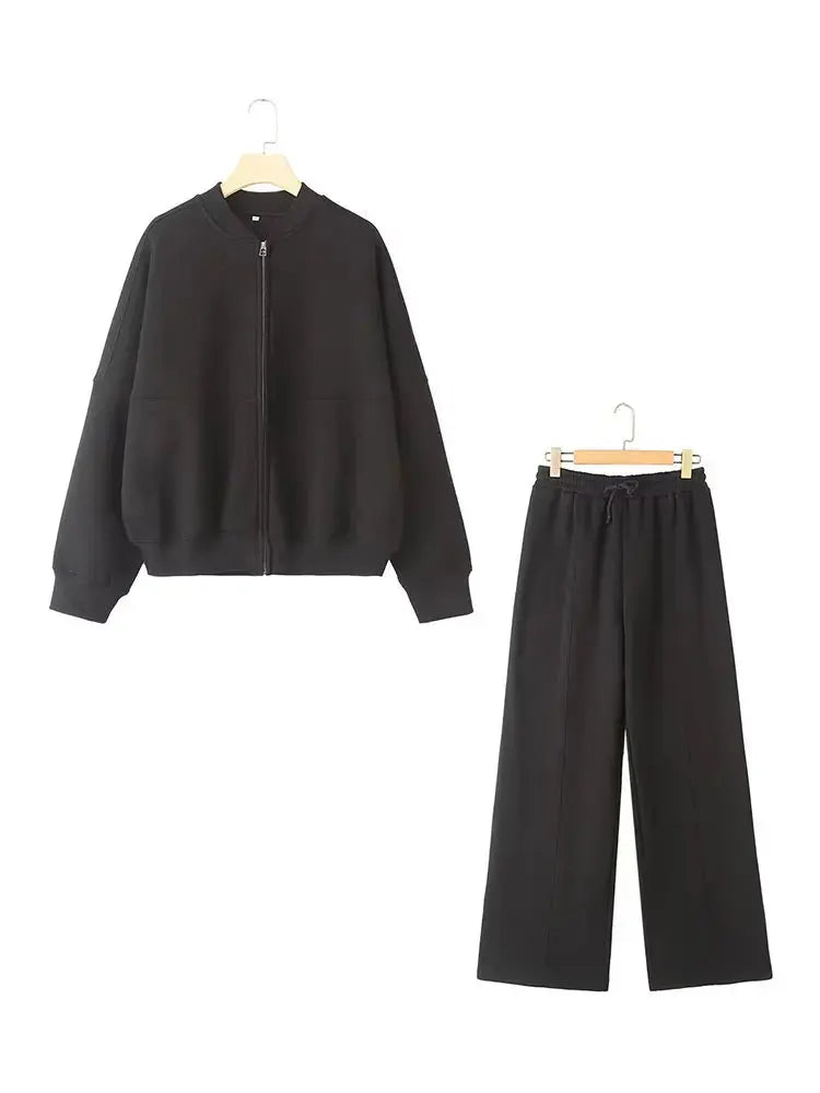 Conjunto de 2 piezas para mujer,sudadera tipo chaqueta bomber retro de color liso con cremallera y pantalones de pierna ancha de tiro alto con cordones.