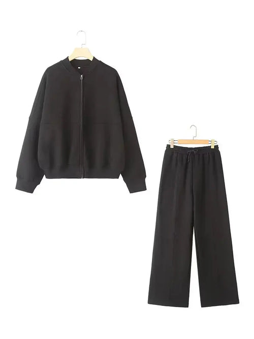 Conjunto de 2 piezas para mujer,sudadera tipo chaqueta bomber retro de color liso con cremallera y pantalones de pierna ancha de tiro alto con cordones.