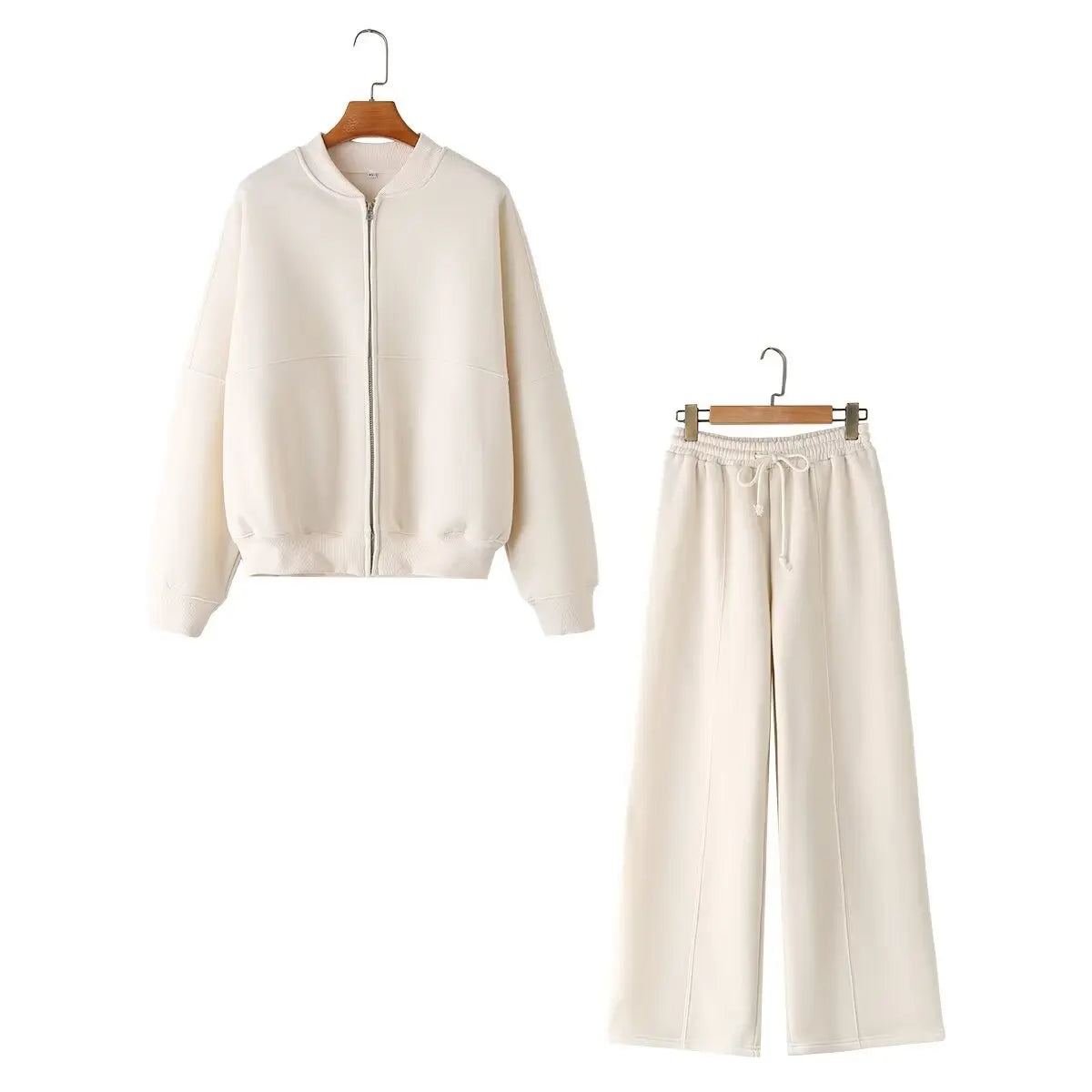 Conjunto de 2 piezas para mujer,sudadera tipo chaqueta bomber retro de color liso con cremallera y pantalones de pierna ancha de tiro alto con cordones.