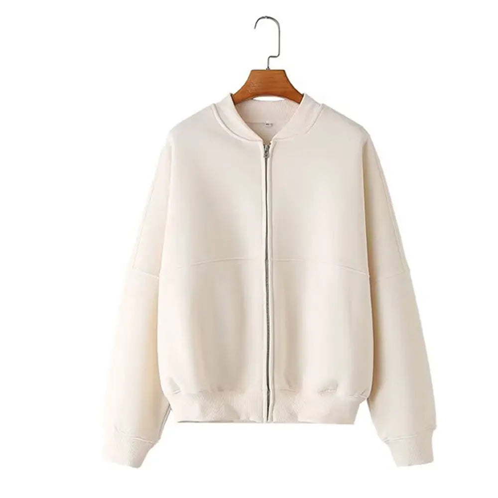 Conjunto de 2 piezas para mujer,sudadera tipo chaqueta bomber retro de color liso con cremallera y pantalones de pierna ancha de tiro alto con cordones.