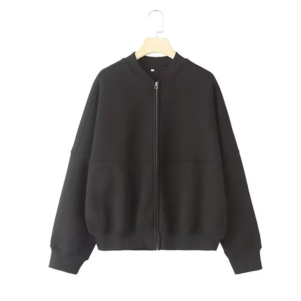 Conjunto de 2 piezas para mujer,sudadera tipo chaqueta bomber retro de color liso con cremallera y pantalones de pierna ancha de tiro alto con cordones.