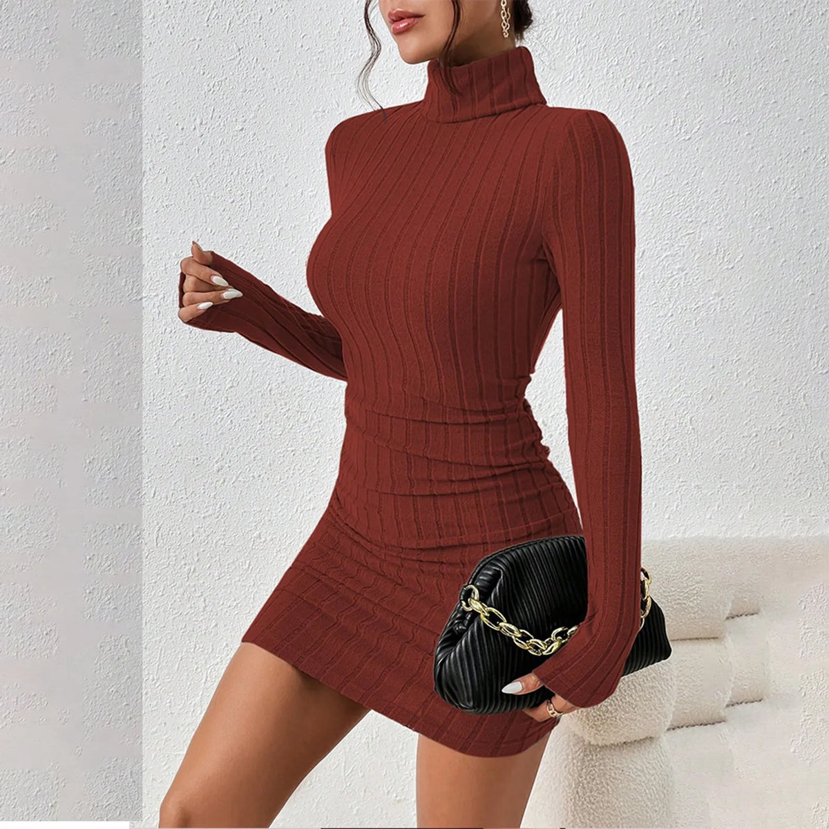 Vestidos Otoño Con Cuello Alto Y Manga Larga.