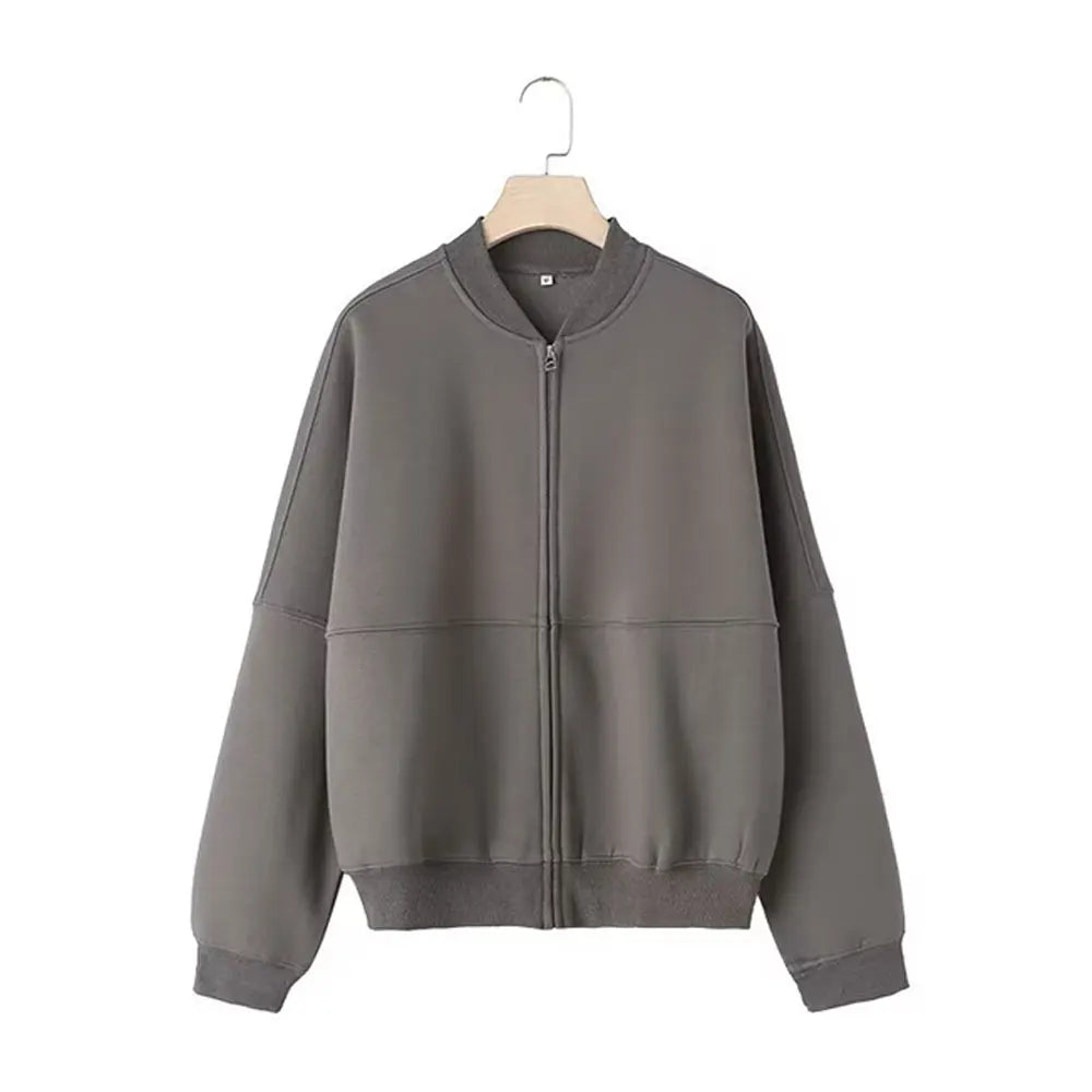 Conjunto de 2 piezas para mujer,sudadera tipo chaqueta bomber retro de color liso con cremallera y pantalones de pierna ancha de tiro alto con cordones.